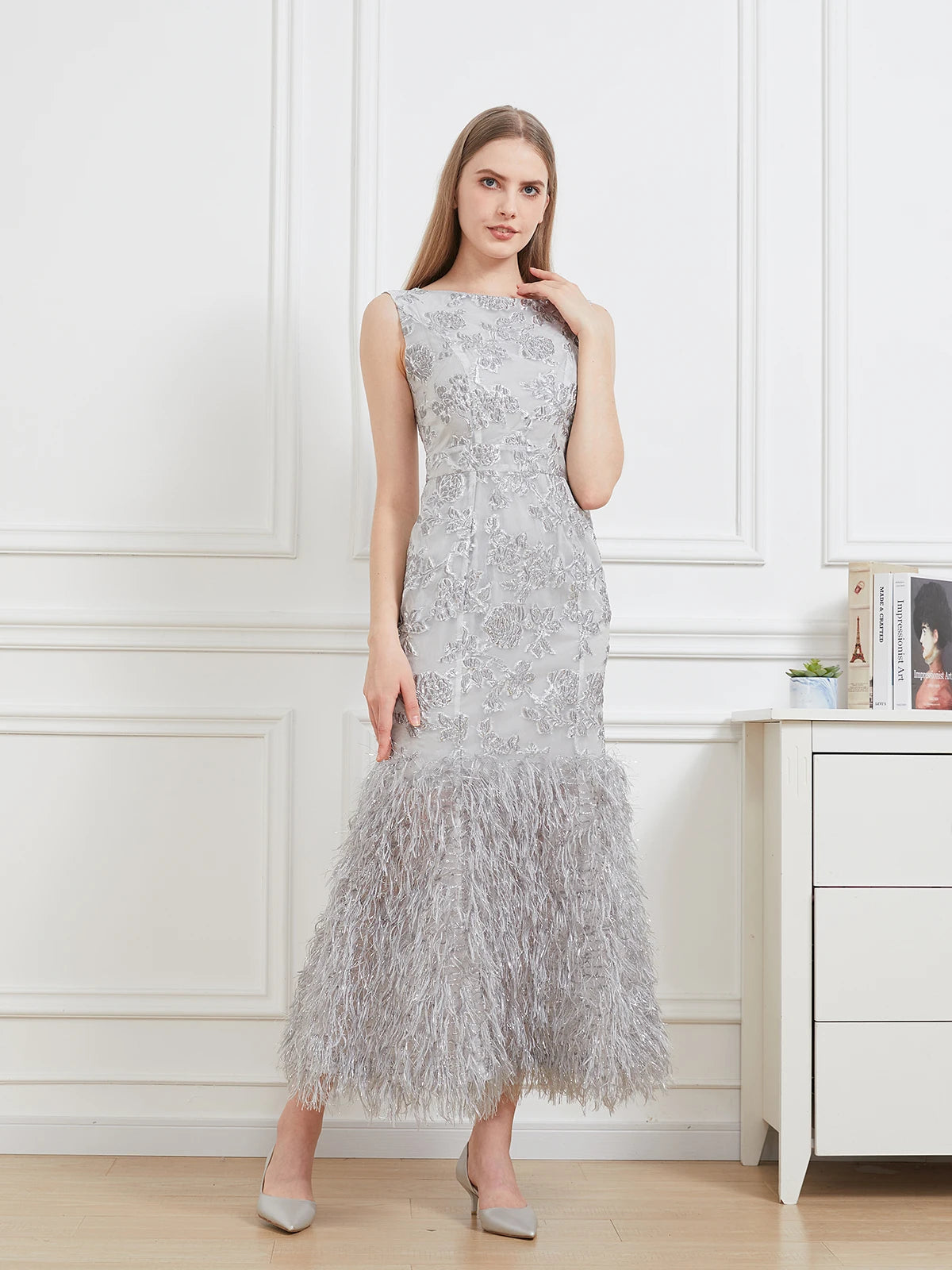 DEVCHATA nuevo Vestido largo de cola de pez de Organza Maxi Vestido de noche sin mangas ceñido al cuerpo Vestido de plumas para mujer Vestido
