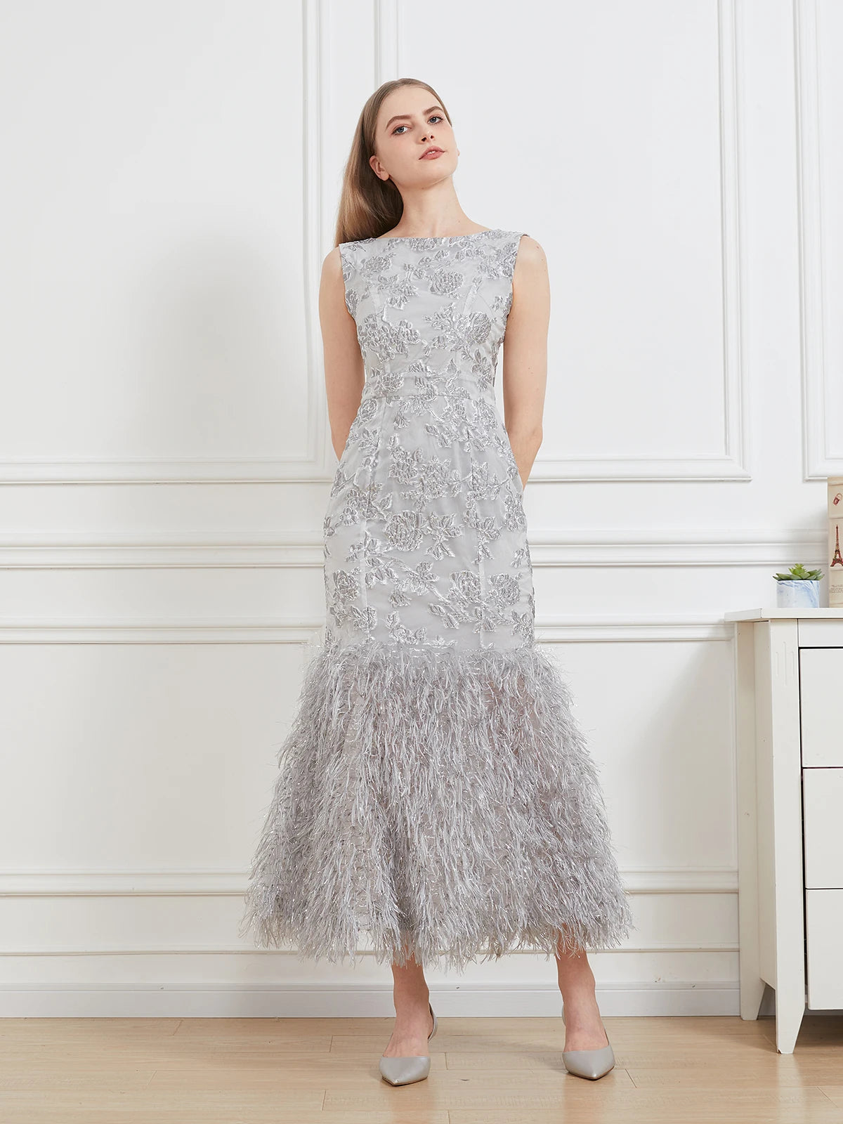 DEVCHATA nuevo Vestido largo de cola de pez de Organza Maxi Vestido de noche sin mangas ceñido al cuerpo Vestido de plumas para mujer Vestido