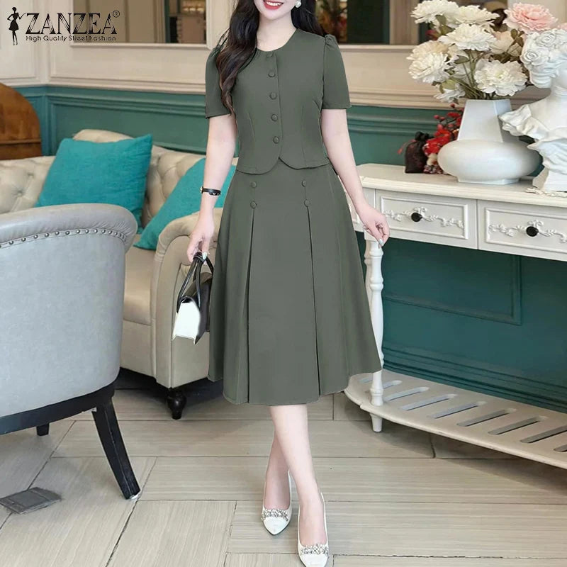 Conjuntos de vestidos informales de estilo japonés coreano, camisas de manga corta para mujer con faldas plisadas, trajes de moda, conjuntos a juego ZANZEA 2025