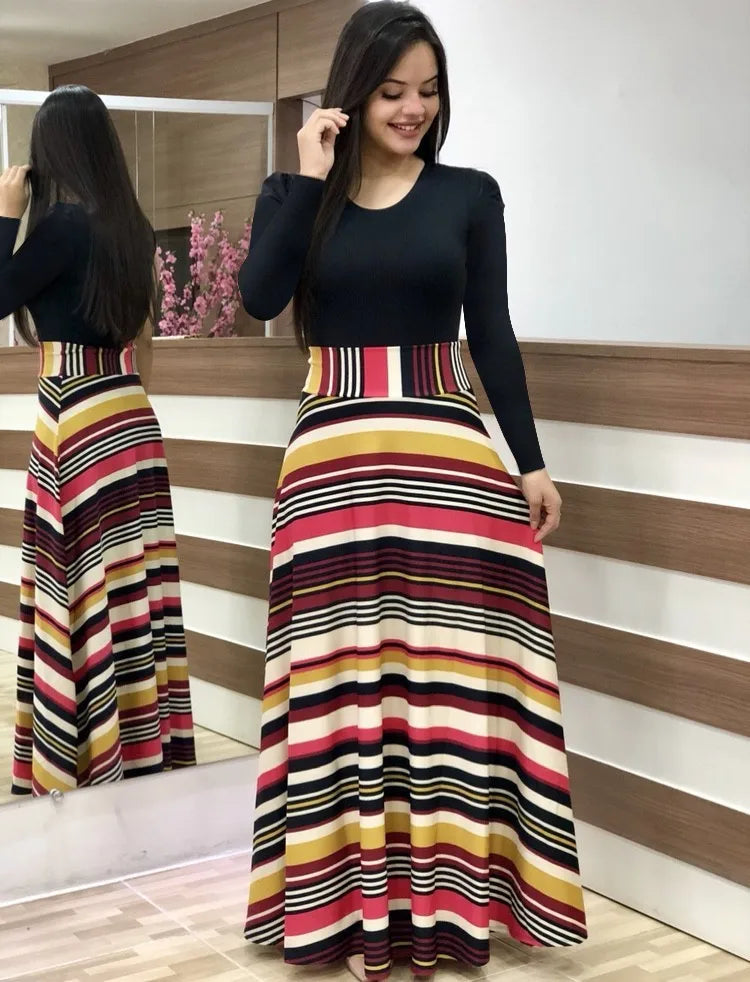Venta caliente de otoño vestidos a juego de colores de flores europeas y americanas, vestidos largos, ropa de mujer en stock