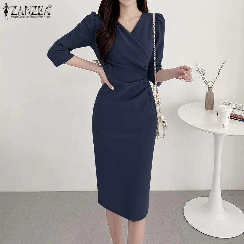 ZANZEA-vestido veraniego a la moda para mujer, vestido Sexy de Color sólido hasta la rodilla, vestido veraniego ajustado, elegante, manga 3/4, cuello en V, Vestidos OL de trabajo 2025