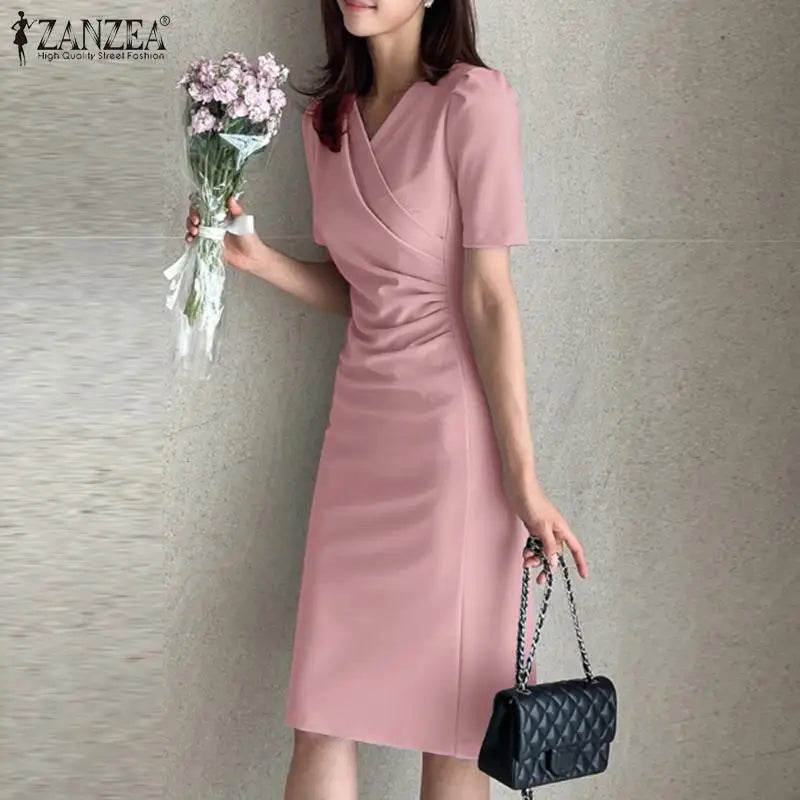 ZANZEA, vestidos de verano para mujer con cuello en V, Vestido informal de fiesta Bodycorn, Vestido de manga corta para mujer, Vestido elegante de trabajo, Vestido ajustado 2025