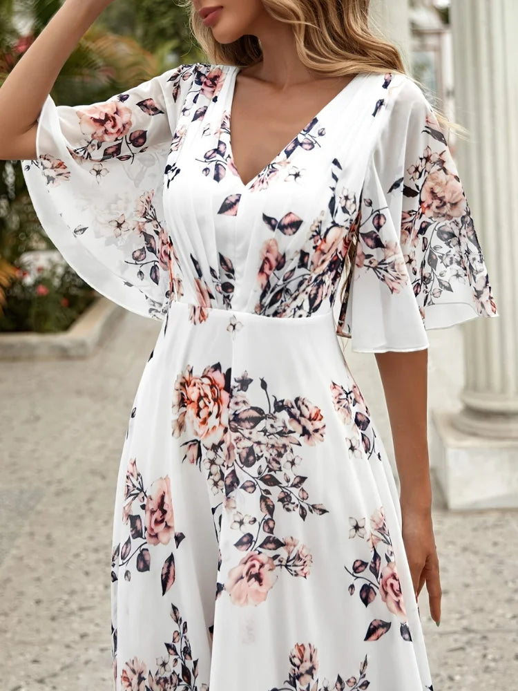 Wefads Vestido largo para mujer, informal, sexy, con cuello en V, mangas de hoja de loto, vestidos estampados para vacaciones en la playa