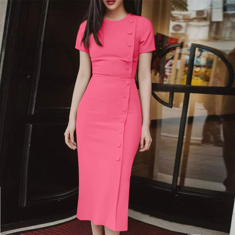 ZANZEA-Vestido largo elegante de talla grande para mujer, vestido de fiesta de manga corta, informal, ajustado a la cadera, por debajo de la rodilla, con botones, liso