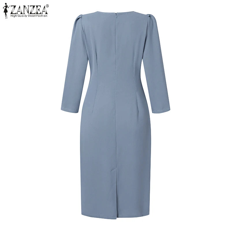 ZANZEA-vestido veraniego a la moda para mujer, vestido Sexy de Color sólido hasta la rodilla, vestido veraniego ajustado, elegante, manga 3/4, cuello en V, Vestidos OL de trabajo 2025