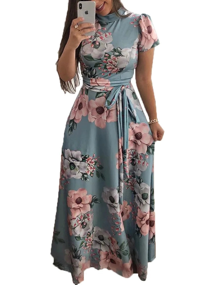 Vestidos ajustados para mujer, vestido informal de manga larga con cuello redondo y estampado de flores, falda larga hasta el suelo, ropa para mujer
