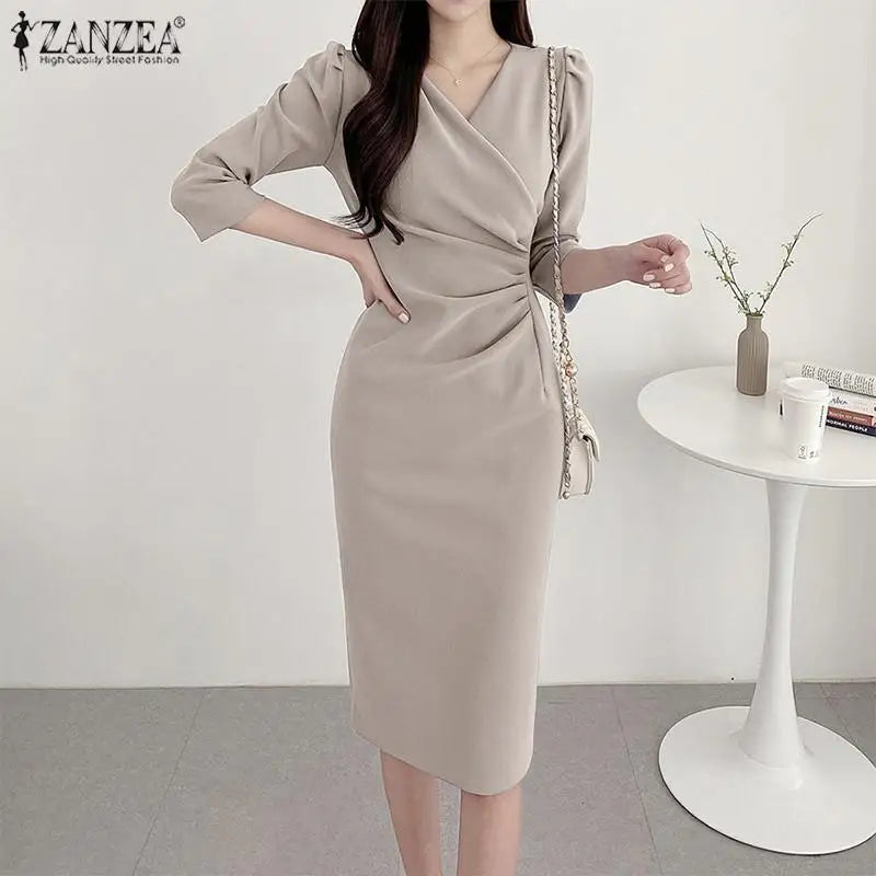 ZANZEA-vestido veraniego a la moda para mujer, vestido Sexy de Color sólido hasta la rodilla, vestido veraniego ajustado, elegante, manga 3/4, cuello en V, Vestidos OL de trabajo 2025