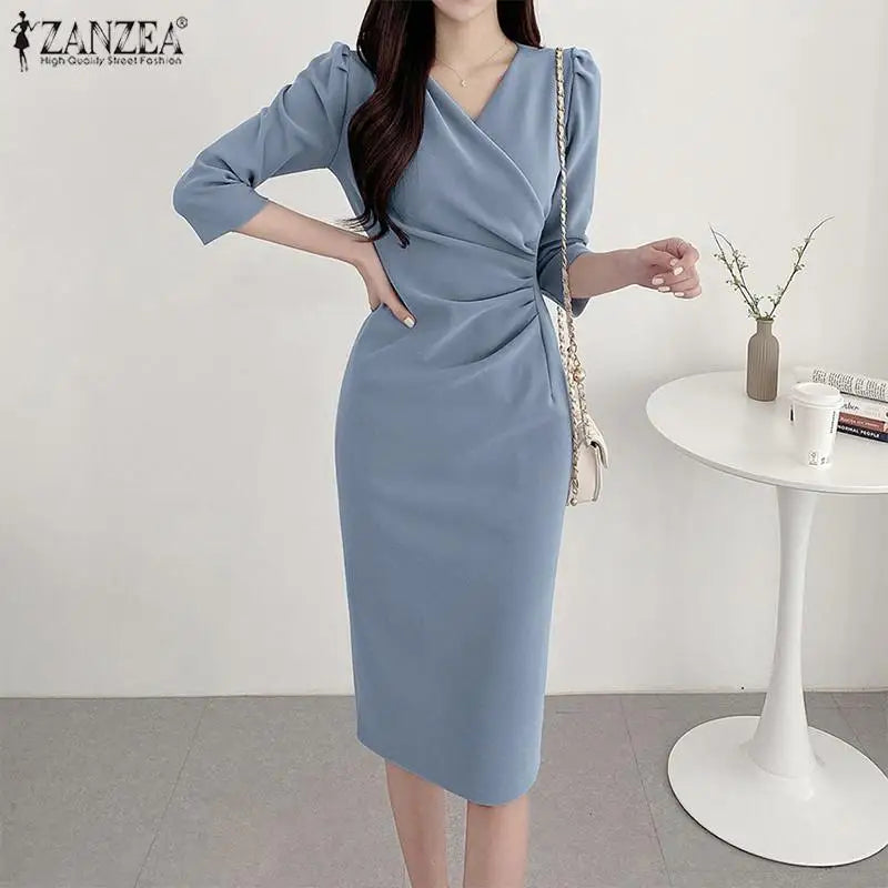 ZANZEA-vestido veraniego a la moda para mujer, vestido Sexy de Color sólido hasta la rodilla, vestido veraniego ajustado, elegante, manga 3/4, cuello en V, Vestidos OL de trabajo 2025