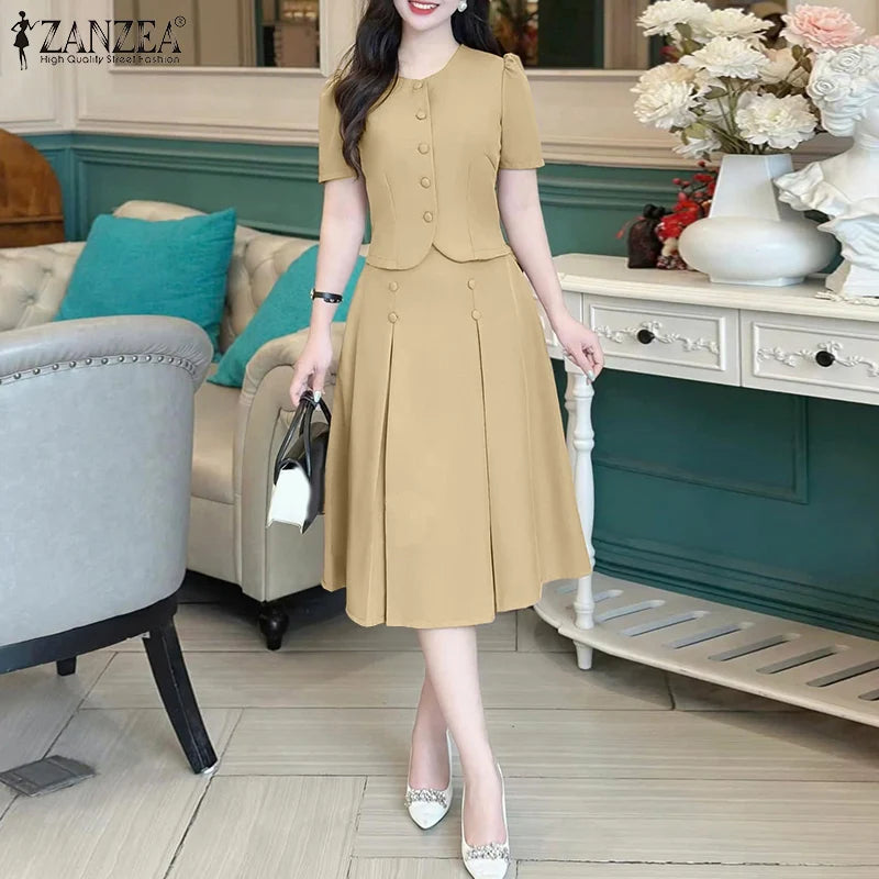 Conjuntos de vestidos informales de estilo japonés coreano, camisas de manga corta para mujer con faldas plisadas, trajes de moda, conjuntos a juego ZANZEA 2025