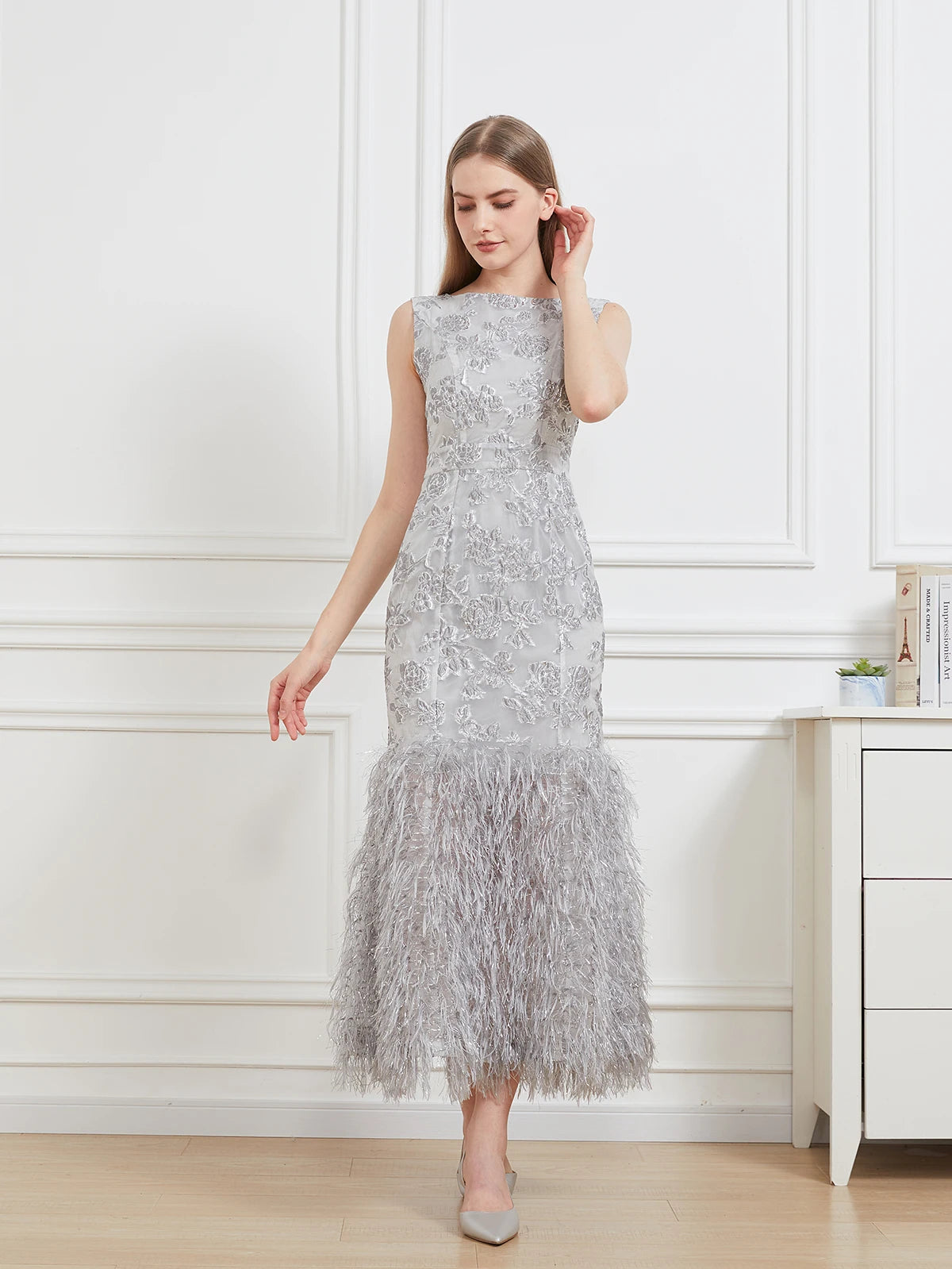 DEVCHATA nuevo Vestido largo de cola de pez de Organza Maxi Vestido de noche sin mangas ceñido al cuerpo Vestido de plumas para mujer Vestido