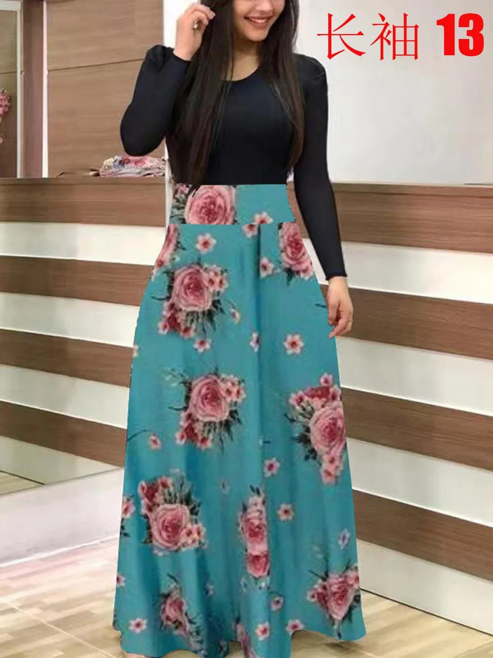Venta caliente de otoño vestidos a juego de colores de flores europeas y americanas, vestidos largos, ropa de mujer en stock