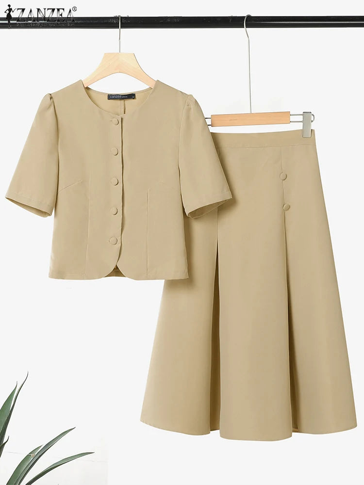 Conjuntos de vestidos informales de estilo japonés coreano, camisas de manga corta para mujer con faldas plisadas, trajes de moda, conjuntos a juego ZANZEA 2025