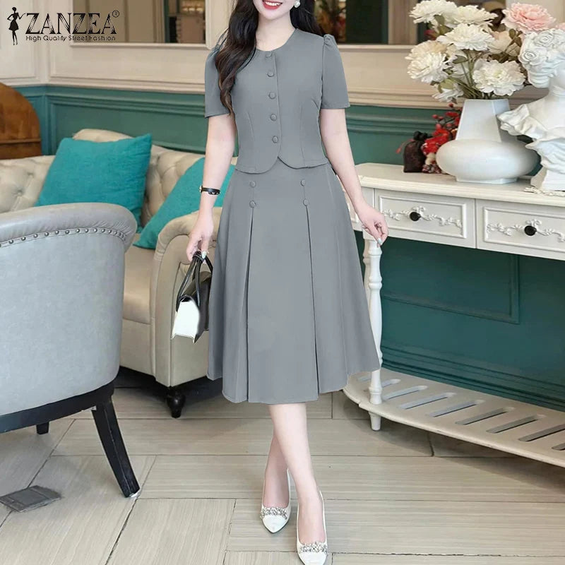 Conjuntos de vestidos informales de estilo japonés coreano, camisas de manga corta para mujer con faldas plisadas, trajes de moda, conjuntos a juego ZANZEA 2025