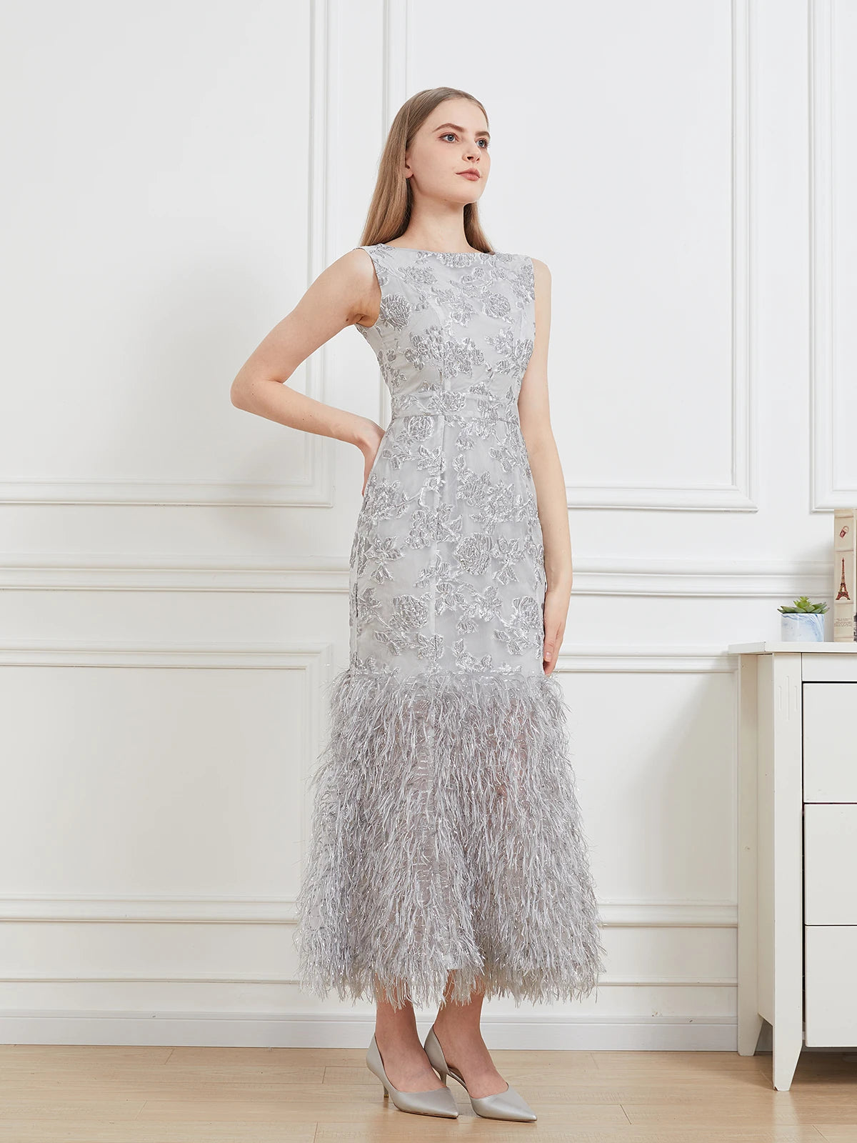 DEVCHATA nuevo Vestido largo de cola de pez de Organza Maxi Vestido de noche sin mangas ceñido al cuerpo Vestido de plumas para mujer Vestido
