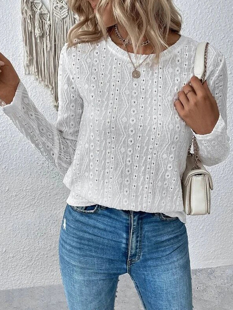 Otoño nuevo sólido camisetas de manga larga de las mujeres O cuello liso hueco Tops 2025 primavera femenina Simple Casual camiseta básica caqui