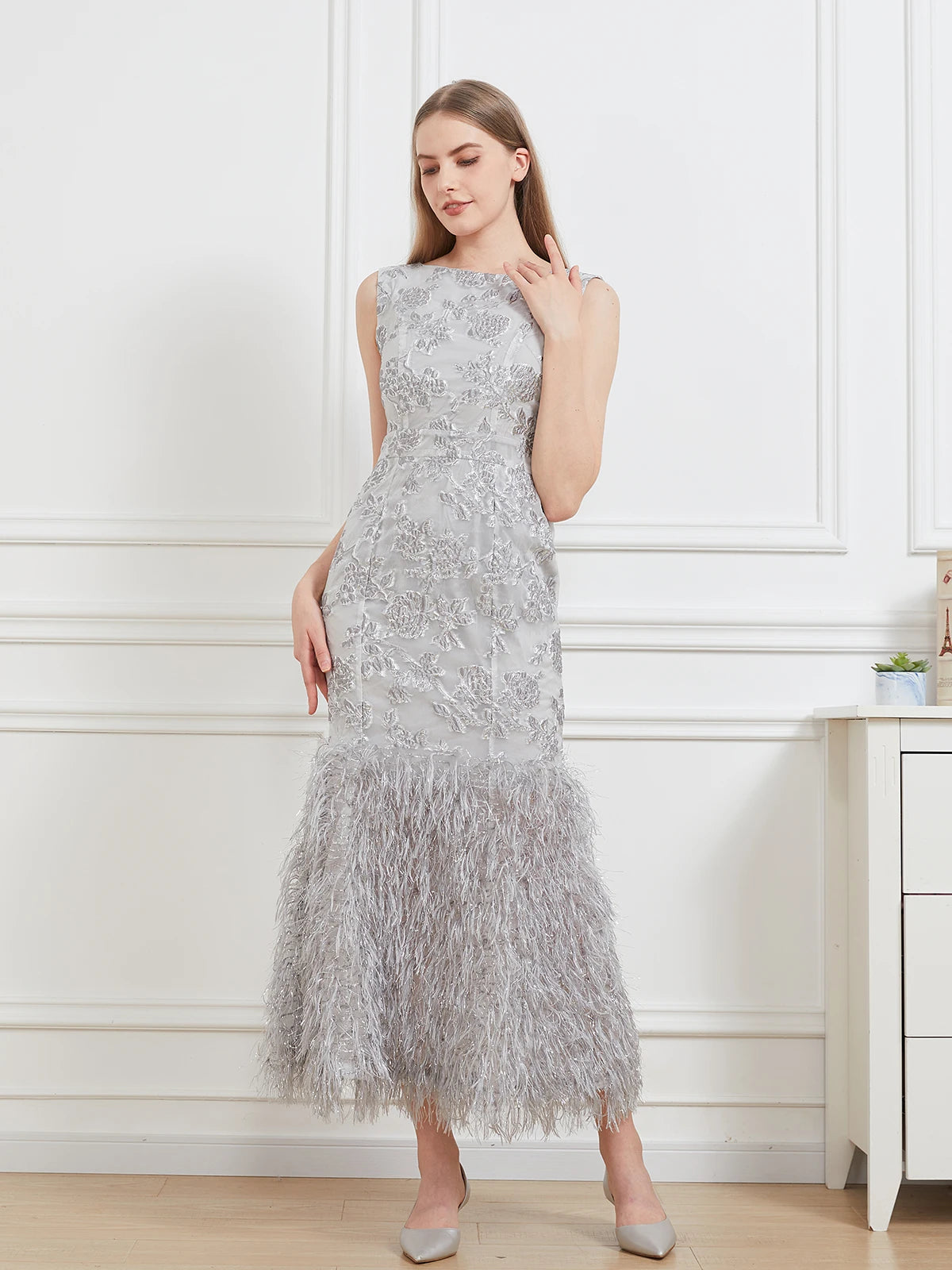 DEVCHATA nuevo Vestido largo de cola de pez de Organza Maxi Vestido de noche sin mangas ceñido al cuerpo Vestido de plumas para mujer Vestido