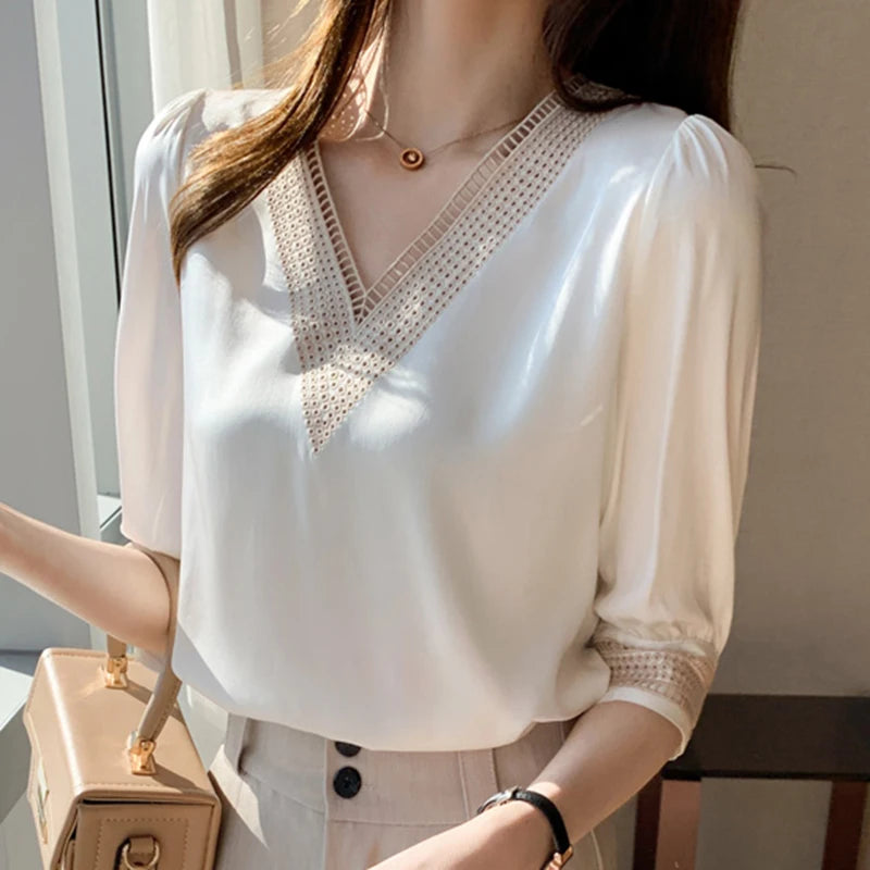Blusas bordadas de media manga de encaje blanco para mujer, Tops holgados de gasa con cuello en V, camisa elegante para oficina para mujer 2024 13366