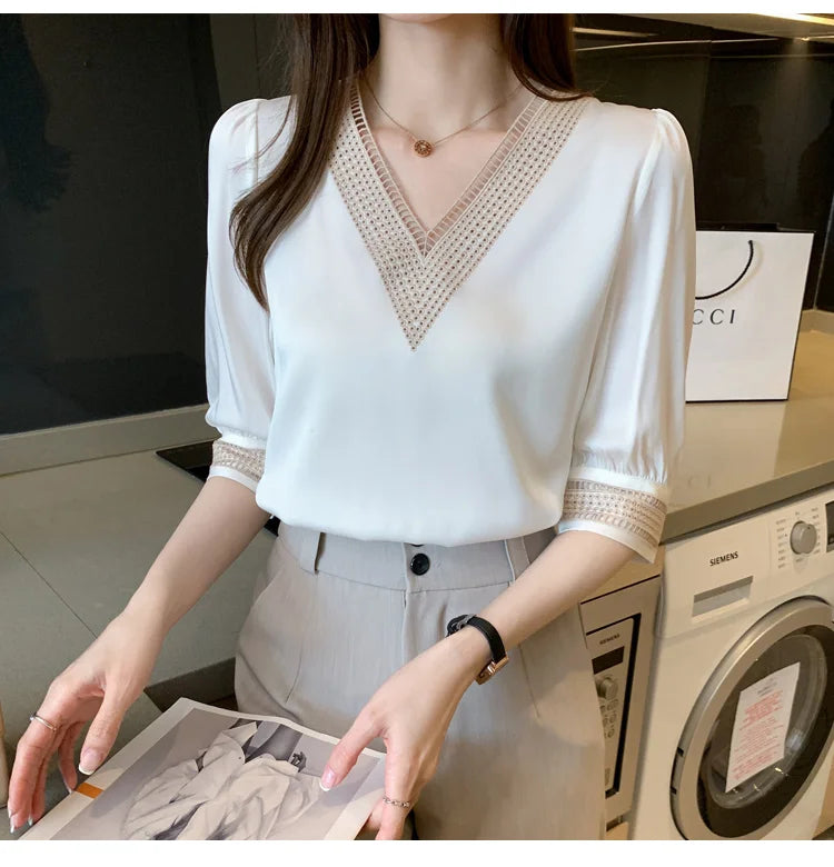 Blusas bordadas de media manga de encaje blanco para mujer, Tops holgados de gasa con cuello en V, camisa elegante para oficina para mujer 2024 13366