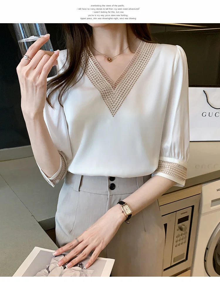 Blusas bordadas de media manga de encaje blanco para mujer, Tops holgados de gasa con cuello en V, camisa elegante para oficina para mujer 2024 13366