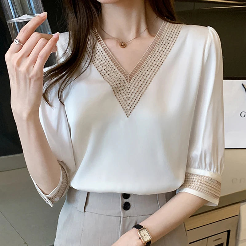 Blusas bordadas de media manga de encaje blanco para mujer, Tops holgados de gasa con cuello en V, camisa elegante para oficina para mujer 2024 13366