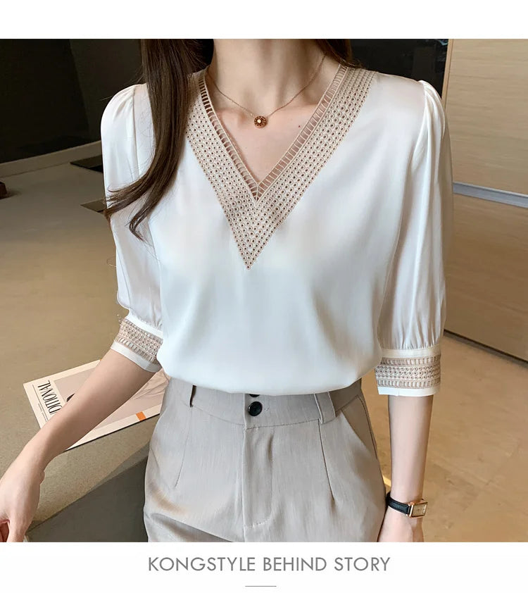 Blusas bordadas de media manga de encaje blanco para mujer, Tops holgados de gasa con cuello en V, camisa elegante para oficina para mujer 2024 13366
