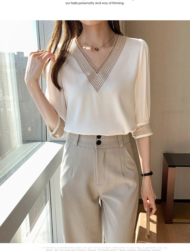 Blusas bordadas de media manga de encaje blanco para mujer, Tops holgados de gasa con cuello en V, camisa elegante para oficina para mujer 2024 13366
