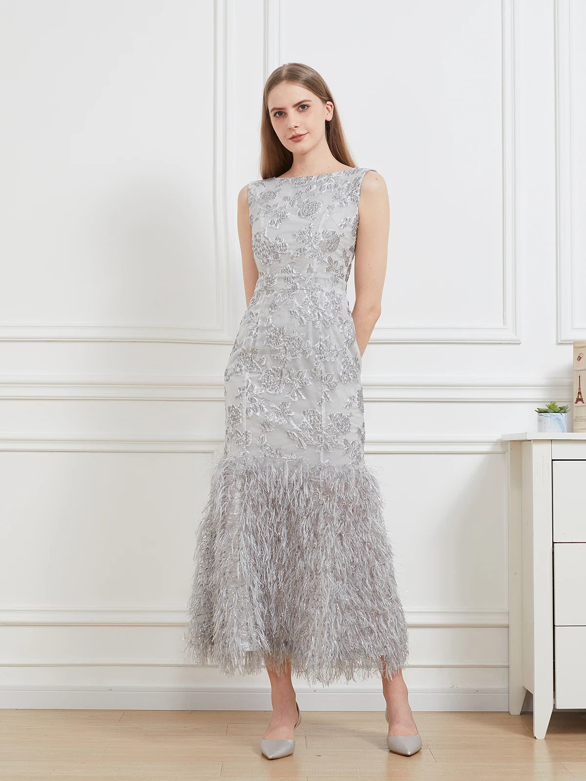 DEVCHATA nuevo Vestido largo de cola de pez de Organza Maxi Vestido de noche sin mangas ceñido al cuerpo Vestido de plumas para mujer Vestido