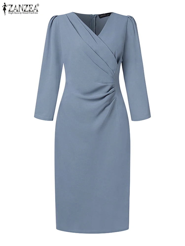 ZANZEA-vestido veraniego a la moda para mujer, vestido Sexy de Color sólido hasta la rodilla, vestido veraniego ajustado, elegante, manga 3/4, cuello en V, Vestidos OL de trabajo 2025
