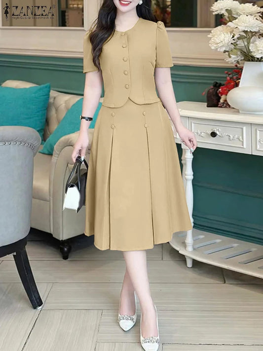 Conjuntos de vestidos informales de estilo japonés coreano, camisas de manga corta para mujer con faldas plisadas, trajes de moda, conjuntos a juego ZANZEA 2025