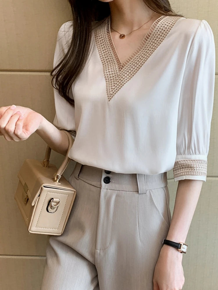 Blusas bordadas de media manga de encaje blanco para mujer, Tops holgados de gasa con cuello en V, camisa elegante para oficina para mujer 2024 13366