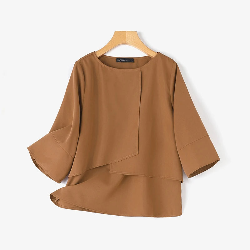 ZANZEA-Blusa de media manga para mujer, Tops de doble capa, camisa informal, Túnica de cuello redondo, Blusas lisas simples y elegantes de gran tamaño, verano 2025