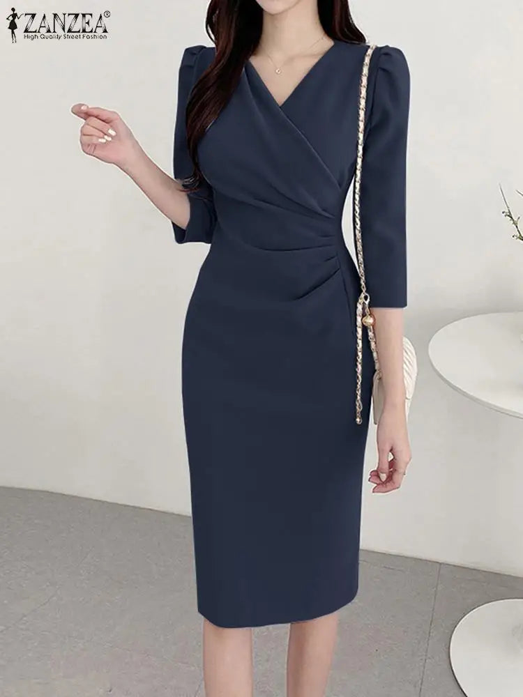 ZANZEA-vestido veraniego a la moda para mujer, vestido Sexy de Color sólido hasta la rodilla, vestido veraniego ajustado, elegante, manga 3/4, cuello en V, Vestidos OL de trabajo 2025