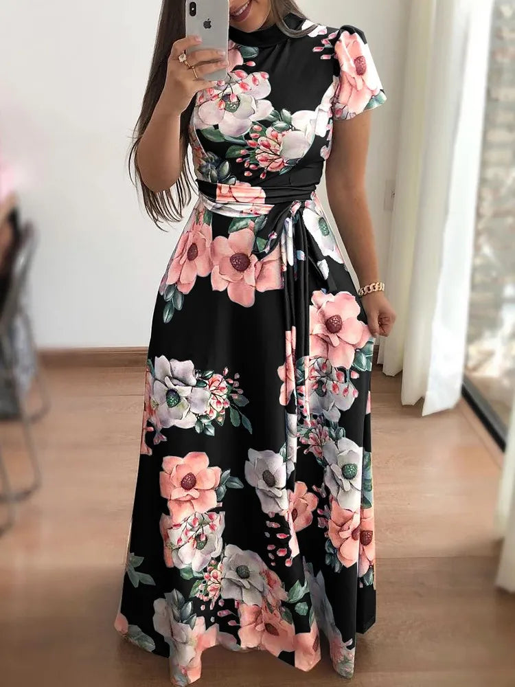 Vestidos ajustados para mujer, vestido informal de manga larga con cuello redondo y estampado de flores, falda larga hasta el suelo, ropa para mujer