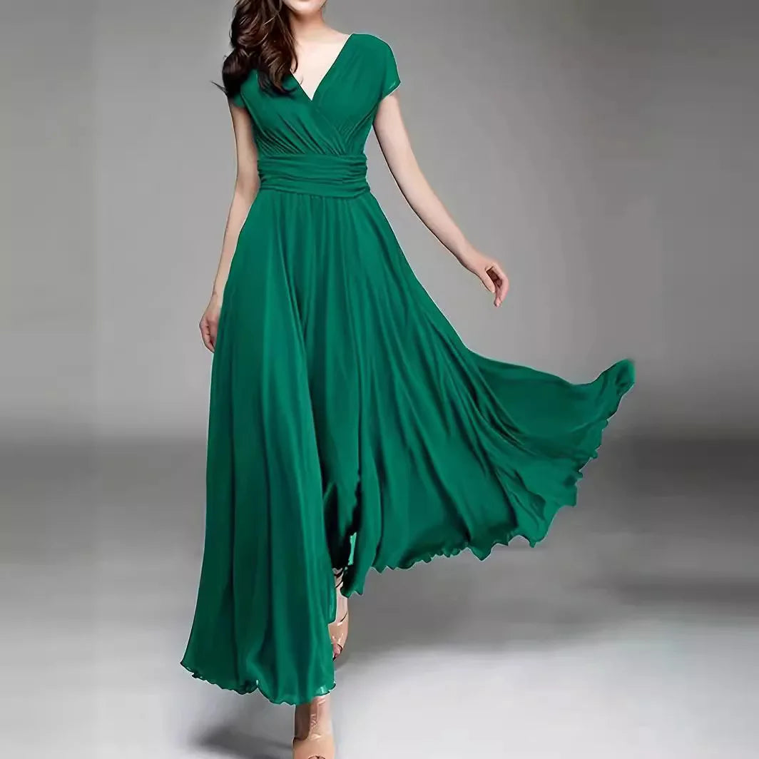 Vestido de noche de gasa de manga corta para mujer, vestido de fiesta femenino, monocromático, bohemio, largo, elegante, nuevo, 2022