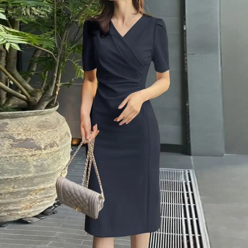 ZANZEA, vestidos de verano para mujer con cuello en V, Vestido informal de fiesta Bodycorn, Vestido de manga corta para mujer, Vestido elegante de trabajo, Vestido ajustado 2025