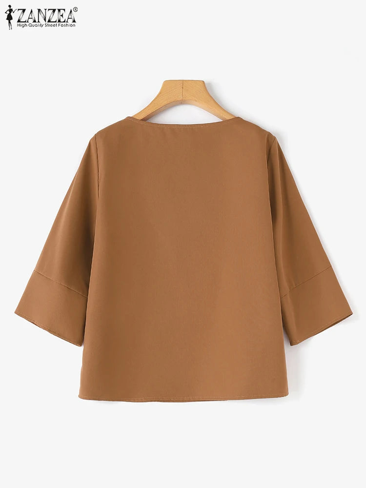 ZANZEA-Blusa de media manga para mujer, Tops de doble capa, camisa informal, Túnica de cuello redondo, Blusas lisas simples y elegantes de gran tamaño, verano 2025