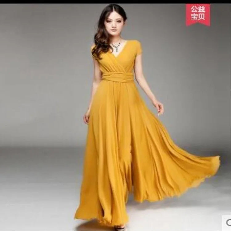 Vestido de noche de gasa de manga corta para mujer, vestido de fiesta femenino, monocromático, bohemio, largo, elegante, nuevo, 2022