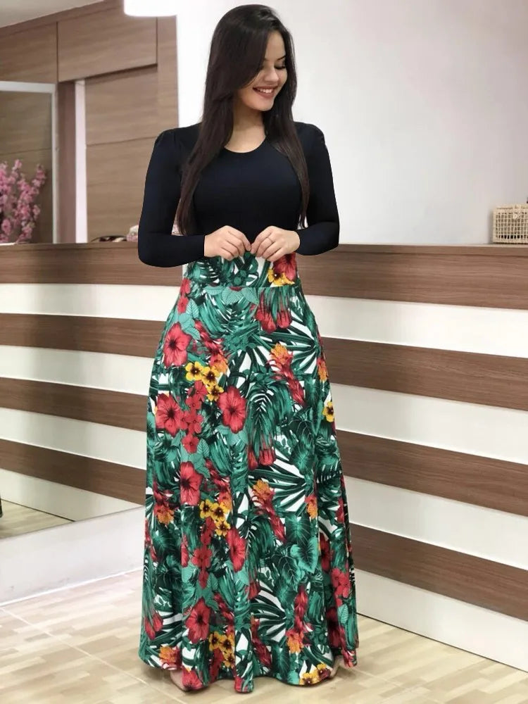 Venta caliente de otoño vestidos a juego de colores de flores europeas y americanas, vestidos largos, ropa de mujer en stock