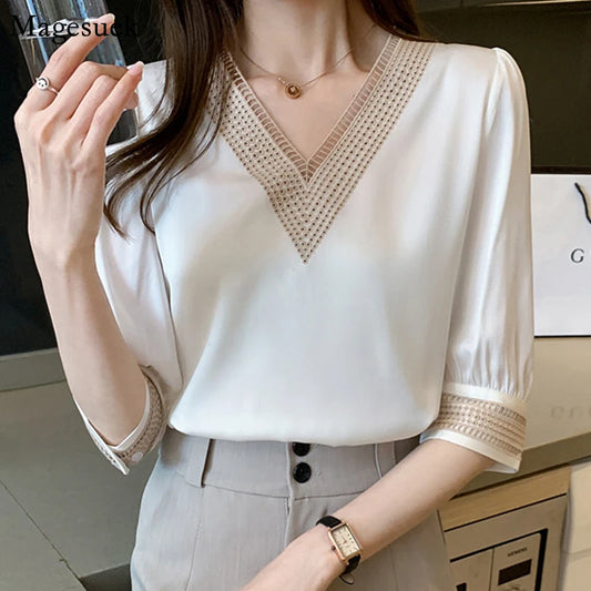 Blusas bordadas de media manga de encaje blanco para mujer, Tops holgados de gasa con cuello en V, camisa elegante para oficina para mujer 2024 13366