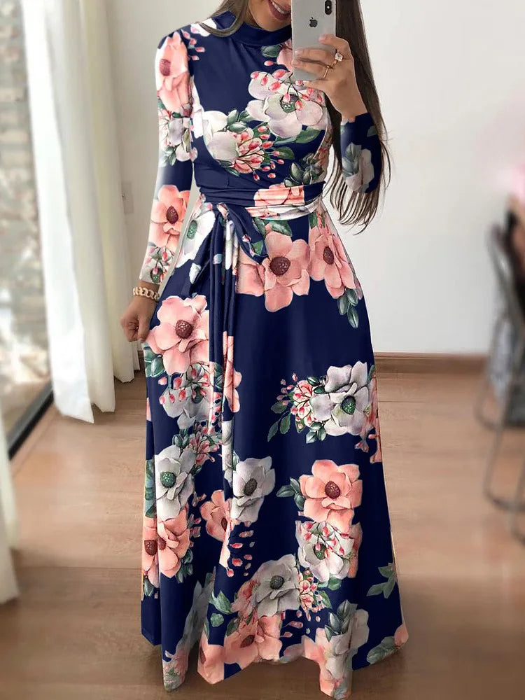 Vestidos ajustados para mujer, vestido informal de manga larga con cuello redondo y estampado de flores, falda larga hasta el suelo, ropa para mujer