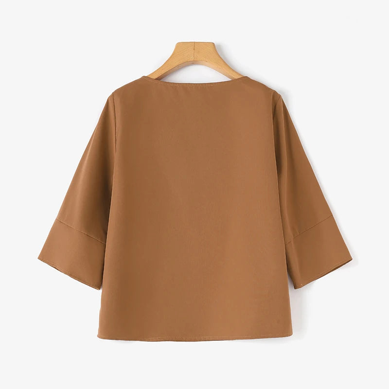 ZANZEA-Blusa de media manga para mujer, Tops de doble capa, camisa informal, Túnica de cuello redondo, Blusas lisas simples y elegantes de gran tamaño, verano 2025