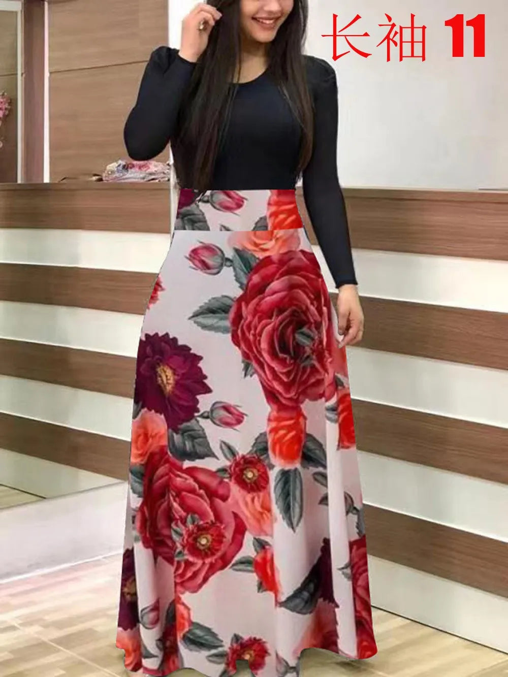 Venta caliente de otoño vestidos a juego de colores de flores europeas y americanas, vestidos largos, ropa de mujer en stock