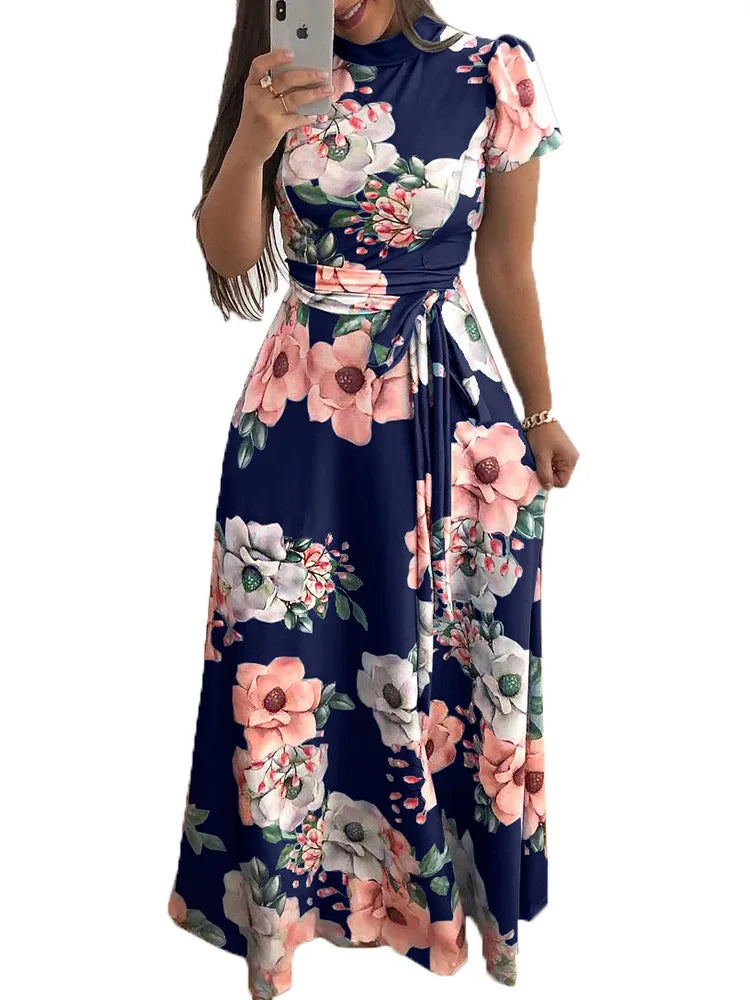 Vestidos ajustados para mujer, vestido informal de manga larga con cuello redondo y estampado de flores, falda larga hasta el suelo, ropa para mujer