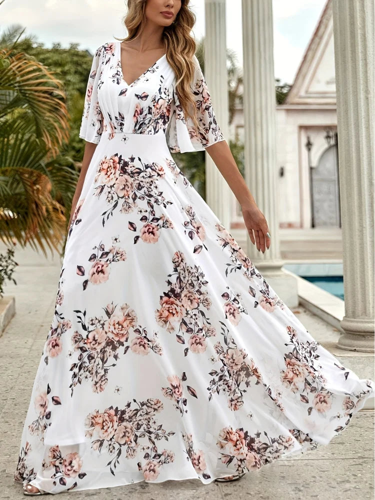 Wefads Vestido largo para mujer, informal, sexy, con cuello en V, mangas de hoja de loto, vestidos estampados para vacaciones en la playa