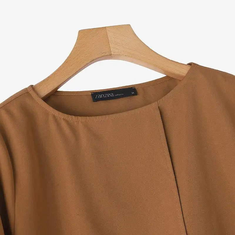 ZANZEA-Blusa de media manga para mujer, Tops de doble capa, camisa informal, Túnica de cuello redondo, Blusas lisas simples y elegantes de gran tamaño, verano 2025