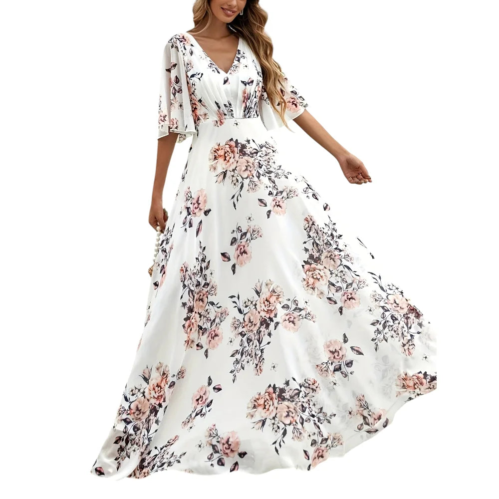 Wefads Vestido largo para mujer, informal, sexy, con cuello en V, mangas de hoja de loto, vestidos estampados para vacaciones en la playa