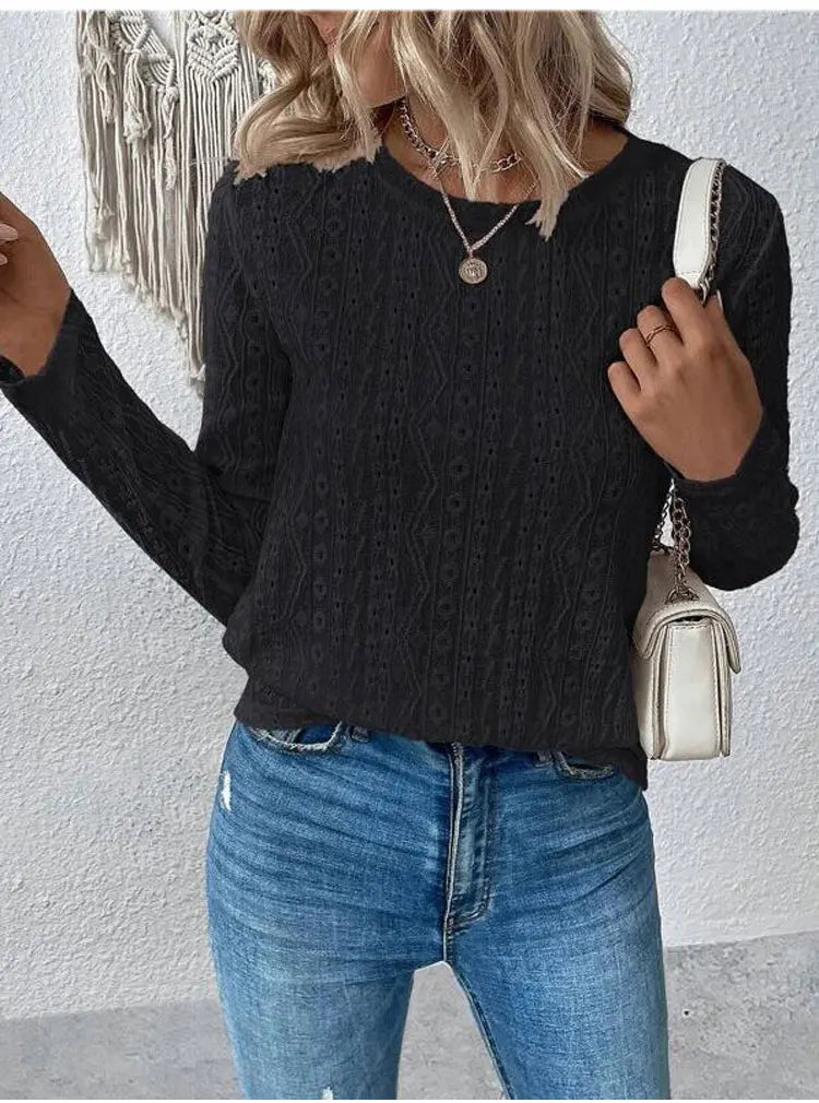 Otoño nuevo sólido camisetas de manga larga de las mujeres O cuello liso hueco Tops 2025 primavera femenina Simple Casual camiseta básica caqui