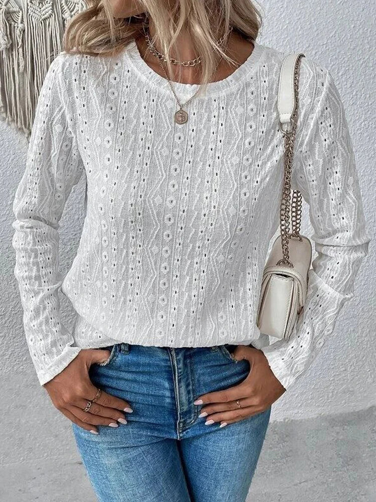 Otoño nuevo sólido camisetas de manga larga de las mujeres O cuello liso hueco Tops 2025 primavera femenina Simple Casual camiseta básica caqui