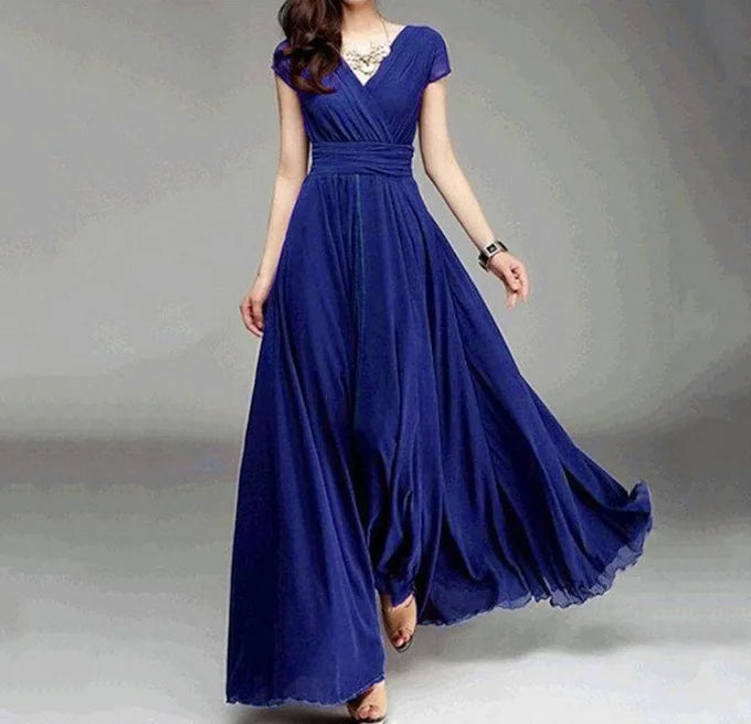 Vestido de noche de gasa de manga corta para mujer, vestido de fiesta femenino, monocromático, bohemio, largo, elegante, nuevo, 2022
