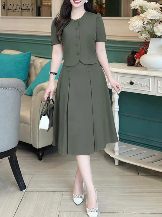 Conjuntos de vestidos informales de estilo japonés coreano, camisas de manga corta para mujer con faldas plisadas, trajes de moda, conjuntos a juego ZANZEA 2025